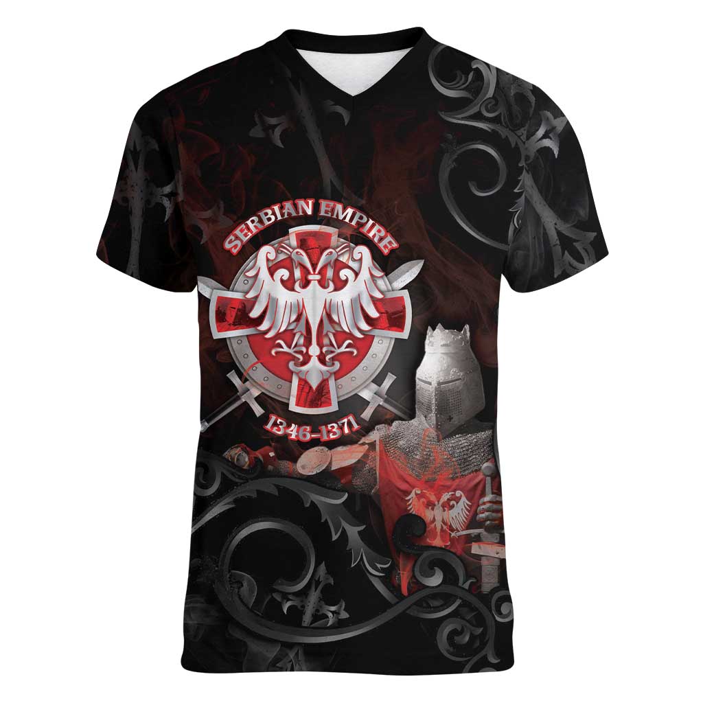 Serbian Empire Women V-Neck T-Shirt Knight With Emblem Double Eagle - Wonder Print Shop