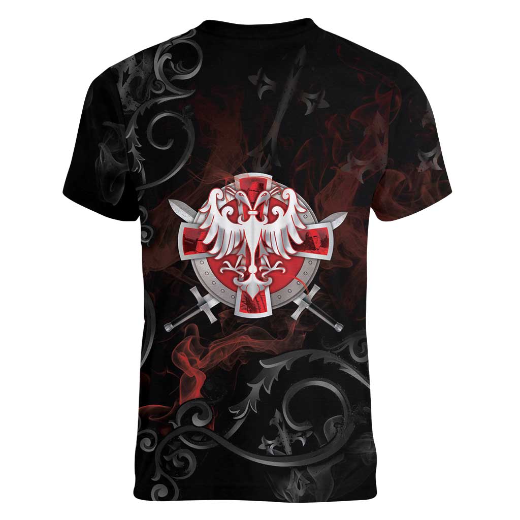 Serbian Empire Women V-Neck T-Shirt Knight With Emblem Double Eagle - Wonder Print Shop