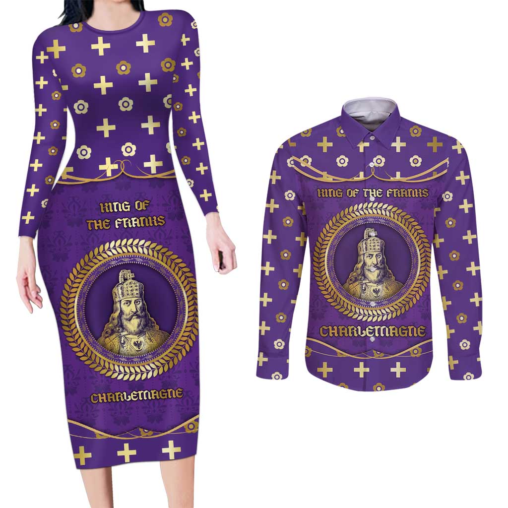 Carolingian Empire Couples Matching Long Sleeve Bodycon Dress and Long Sleeve Button Shirt Charlemagne King Of The Franks - Wonder Print Shop