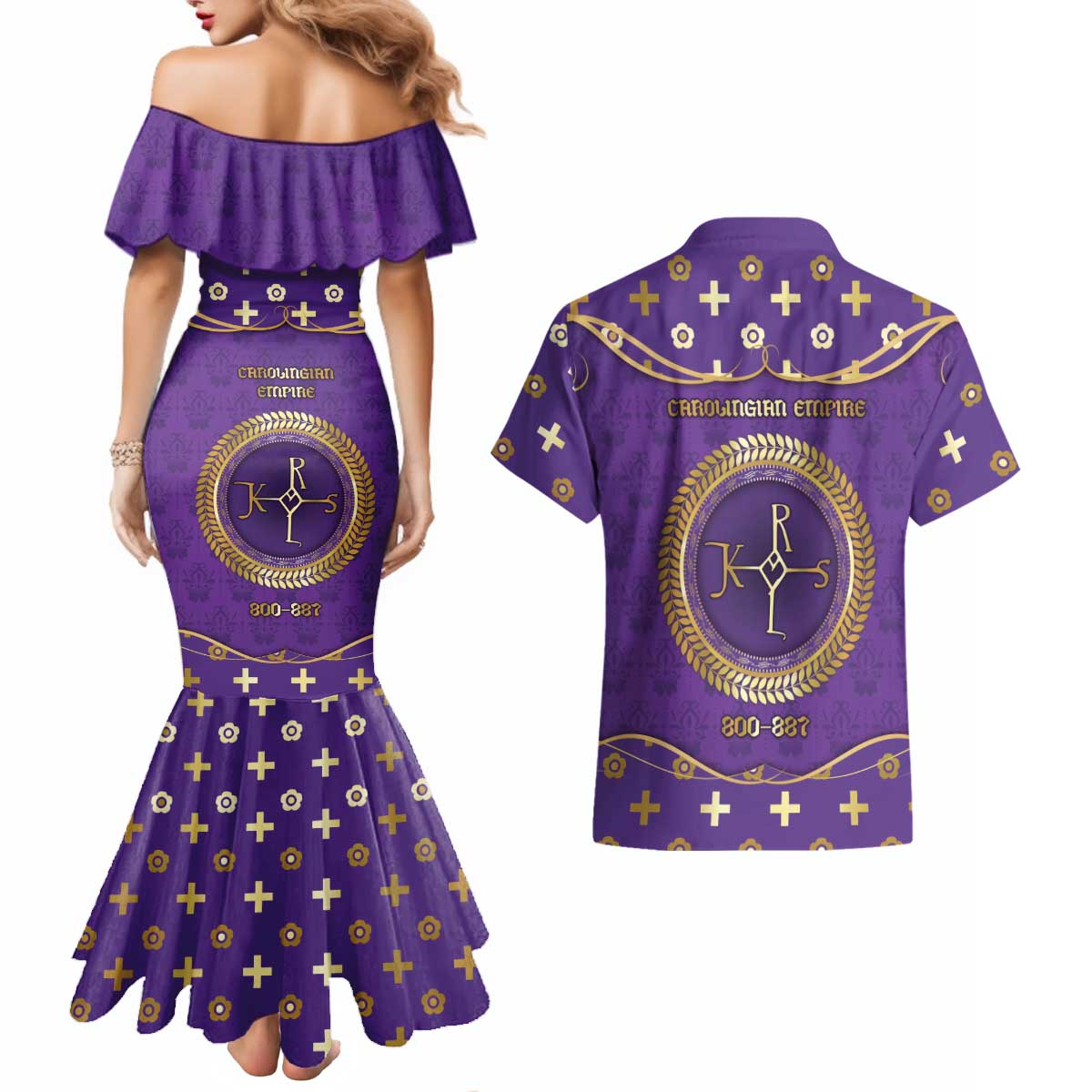 Carolingian Empire Couples Matching Mermaid Dress and Hawaiian Shirt Charlemagne King Of The Franks - Wonder Print Shop