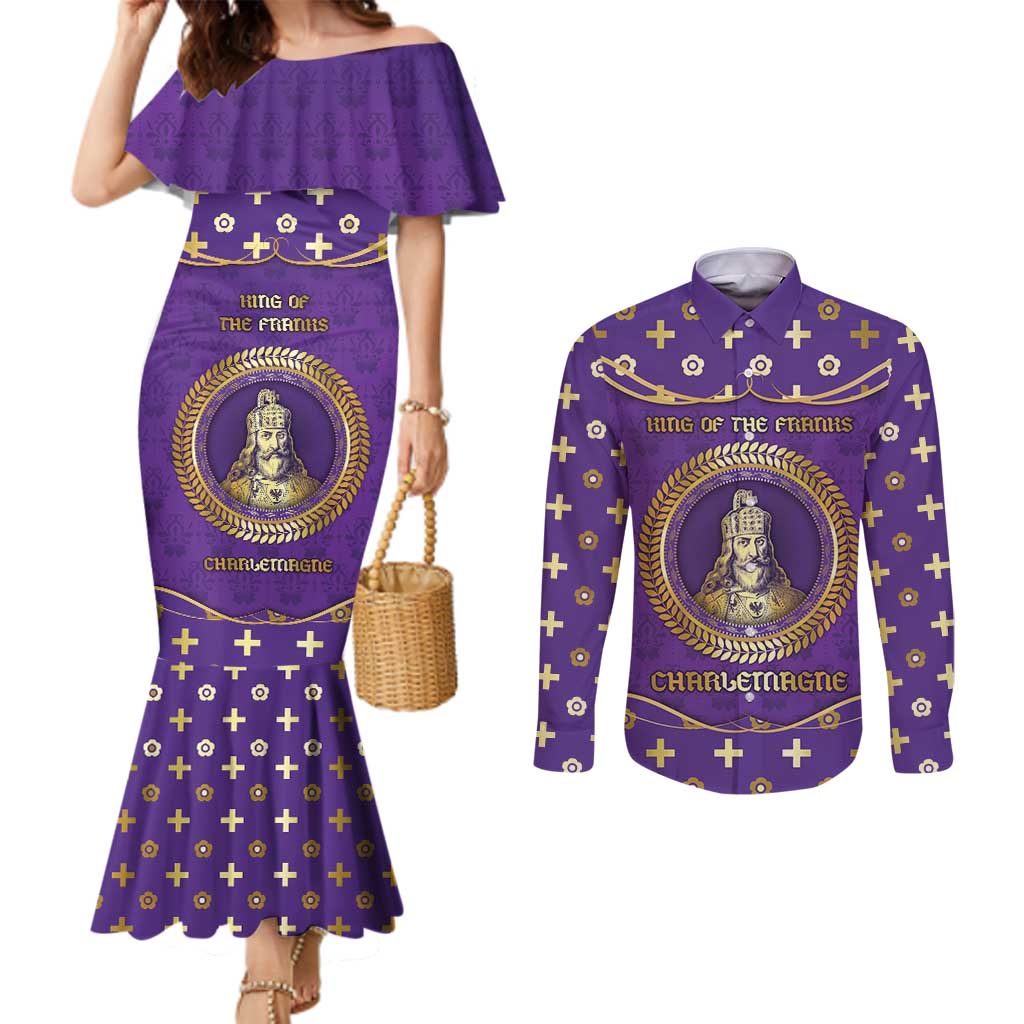 Carolingian Empire Couples Matching Mermaid Dress and Long Sleeve Button Shirt Charlemagne King Of The Franks - Wonder Print Shop