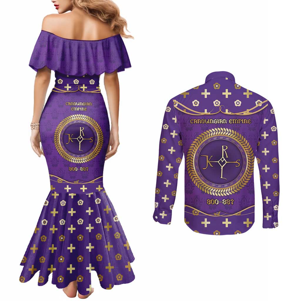 Carolingian Empire Couples Matching Mermaid Dress and Long Sleeve Button Shirt Charlemagne King Of The Franks - Wonder Print Shop