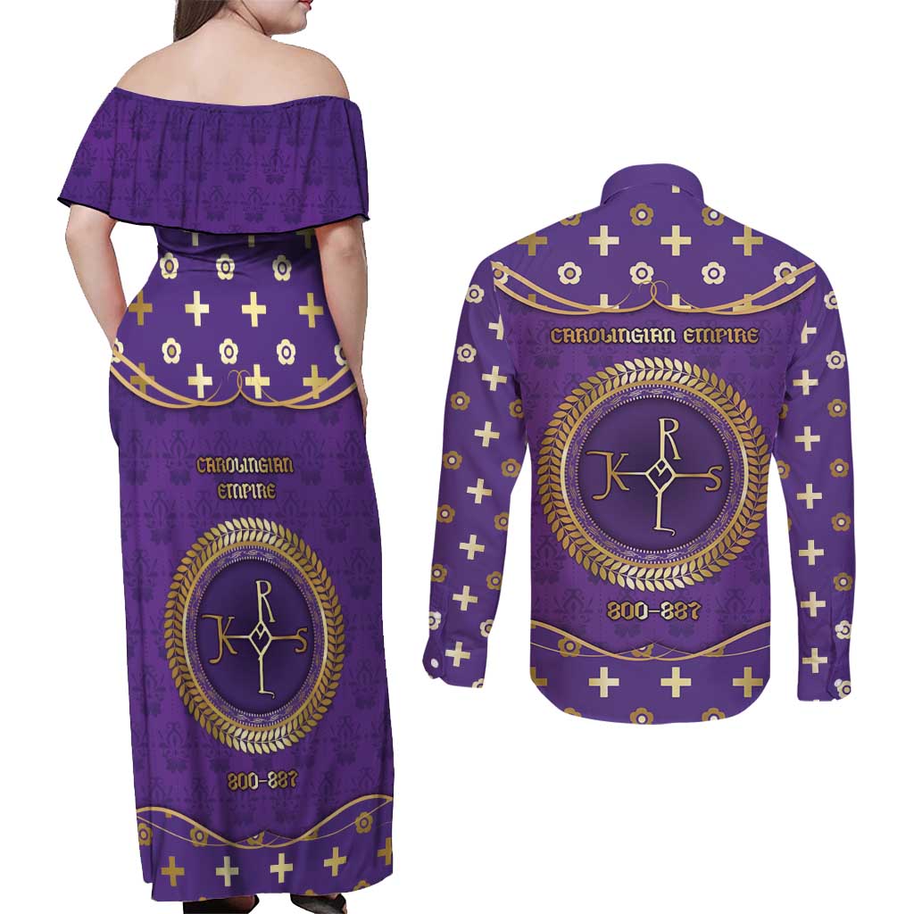 Carolingian Empire Couples Matching Off Shoulder Maxi Dress and Long Sleeve Button Shirt Charlemagne King Of The Franks - Wonder Print Shop