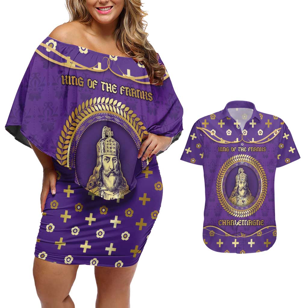 Carolingian Empire Couples Matching Off Shoulder Short Dress and Hawaiian Shirt Charlemagne King Of The Franks - Wonder Print Shop