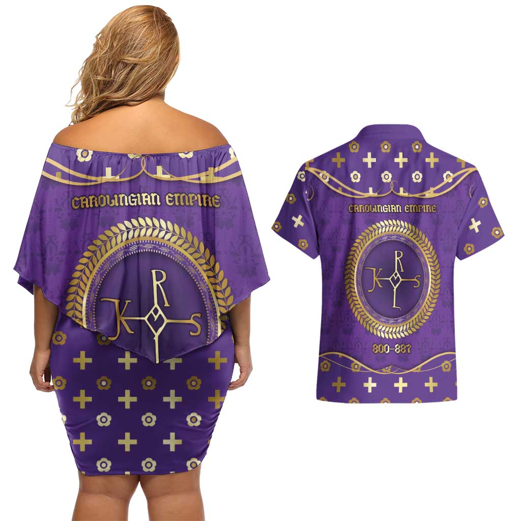 Carolingian Empire Couples Matching Off Shoulder Short Dress and Hawaiian Shirt Charlemagne King Of The Franks - Wonder Print Shop