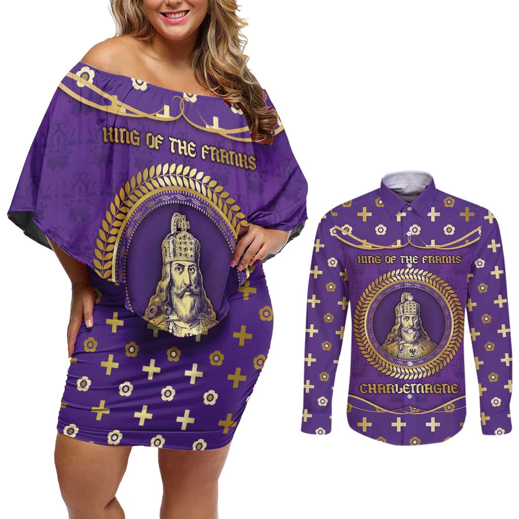 Carolingian Empire Couples Matching Off Shoulder Short Dress and Long Sleeve Button Shirt Charlemagne King Of The Franks - Wonder Print Shop