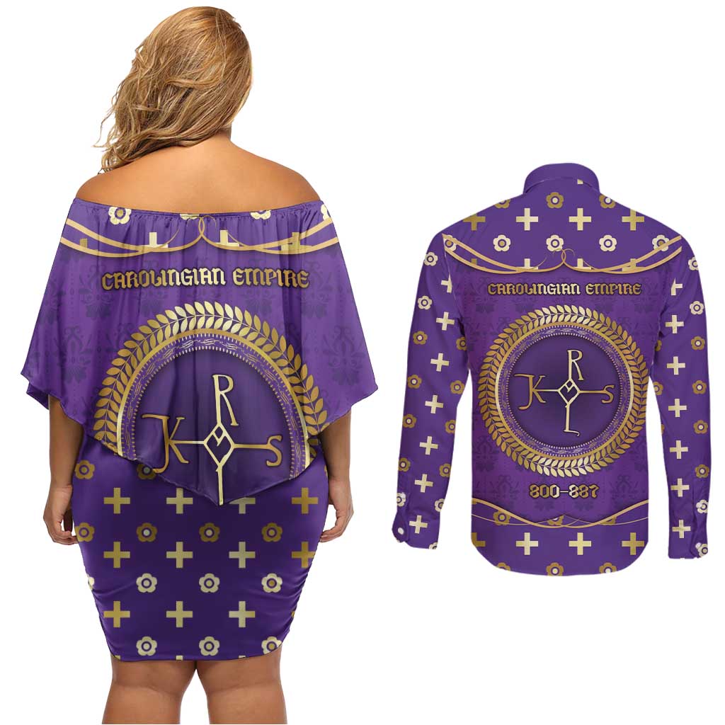 Carolingian Empire Couples Matching Off Shoulder Short Dress and Long Sleeve Button Shirt Charlemagne King Of The Franks - Wonder Print Shop