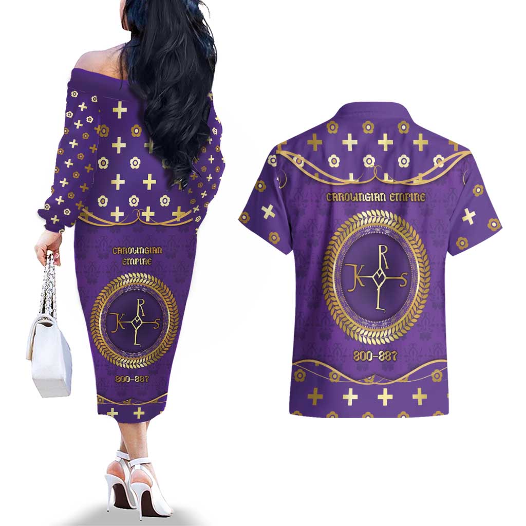 Carolingian Empire Couples Matching Off The Shoulder Long Sleeve Dress and Hawaiian Shirt Charlemagne King Of The Franks - Wonder Print Shop