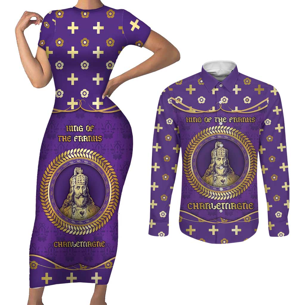 Carolingian Empire Couples Matching Short Sleeve Bodycon Dress and Long Sleeve Button Shirt Charlemagne King Of The Franks - Wonder Print Shop