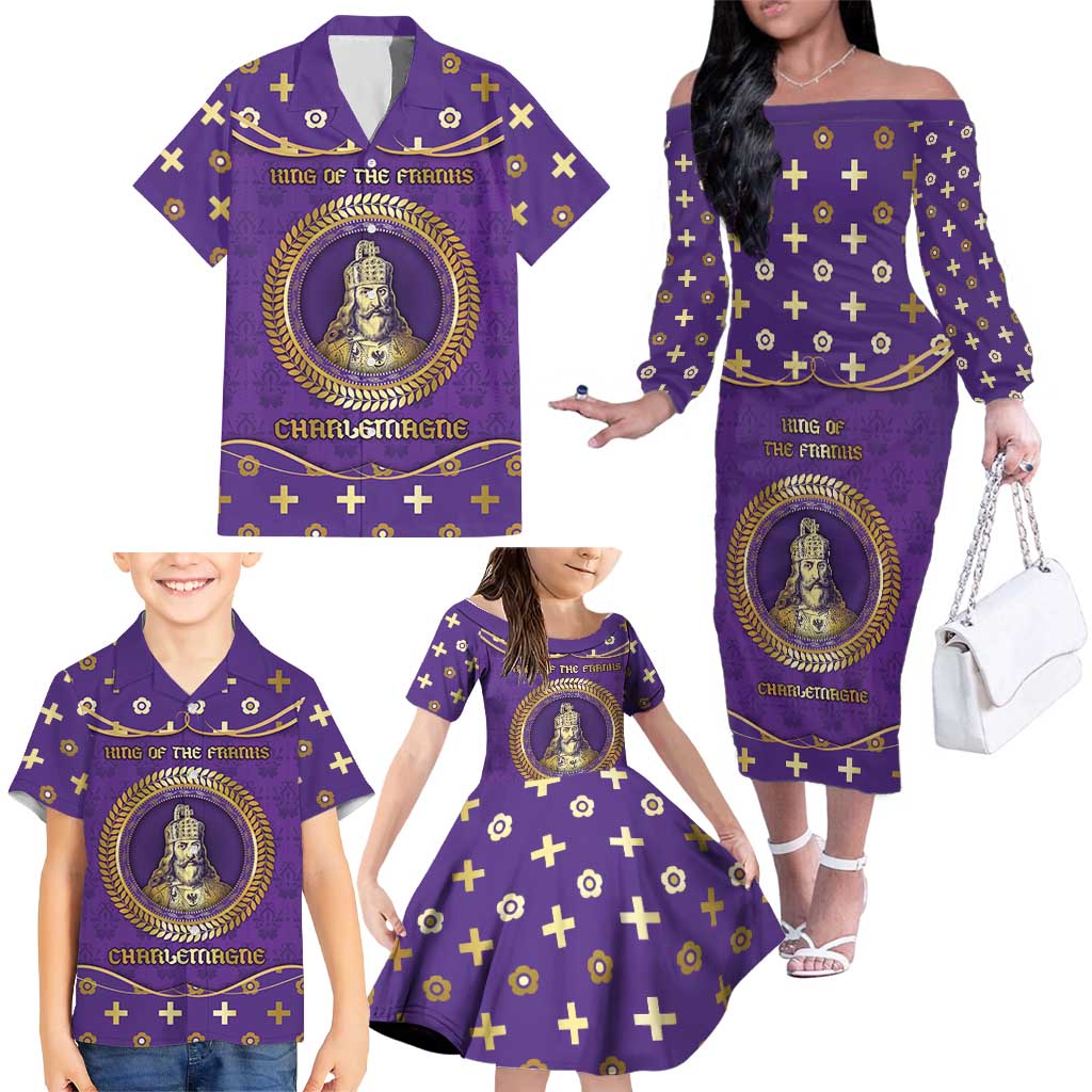 Carolingian Empire Family Matching Off The Shoulder Long Sleeve Dress and Hawaiian Shirt Charlemagne King Of The Franks - Wonder Print Shop