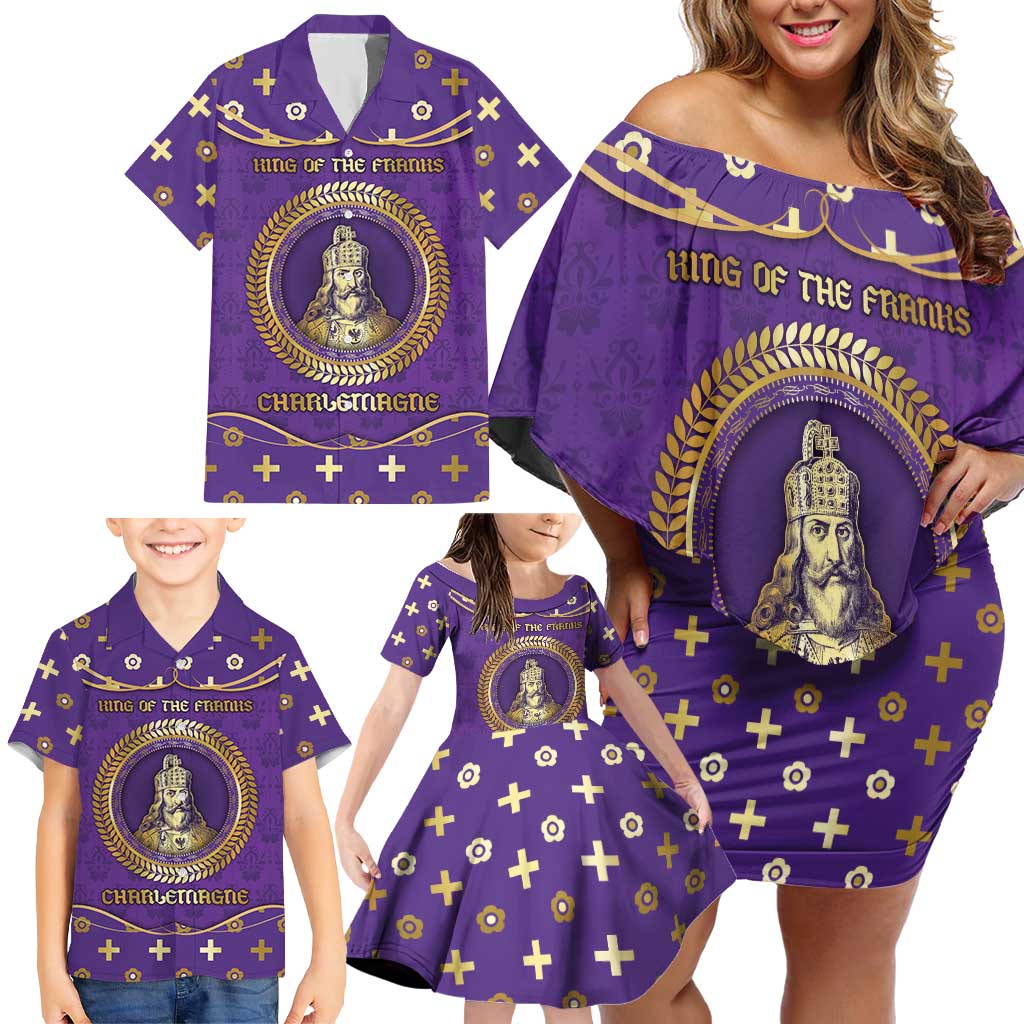 Carolingian Empire Family Matching Off Shoulder Short Dress and Hawaiian Shirt Charlemagne King Of The Franks - Wonder Print Shop