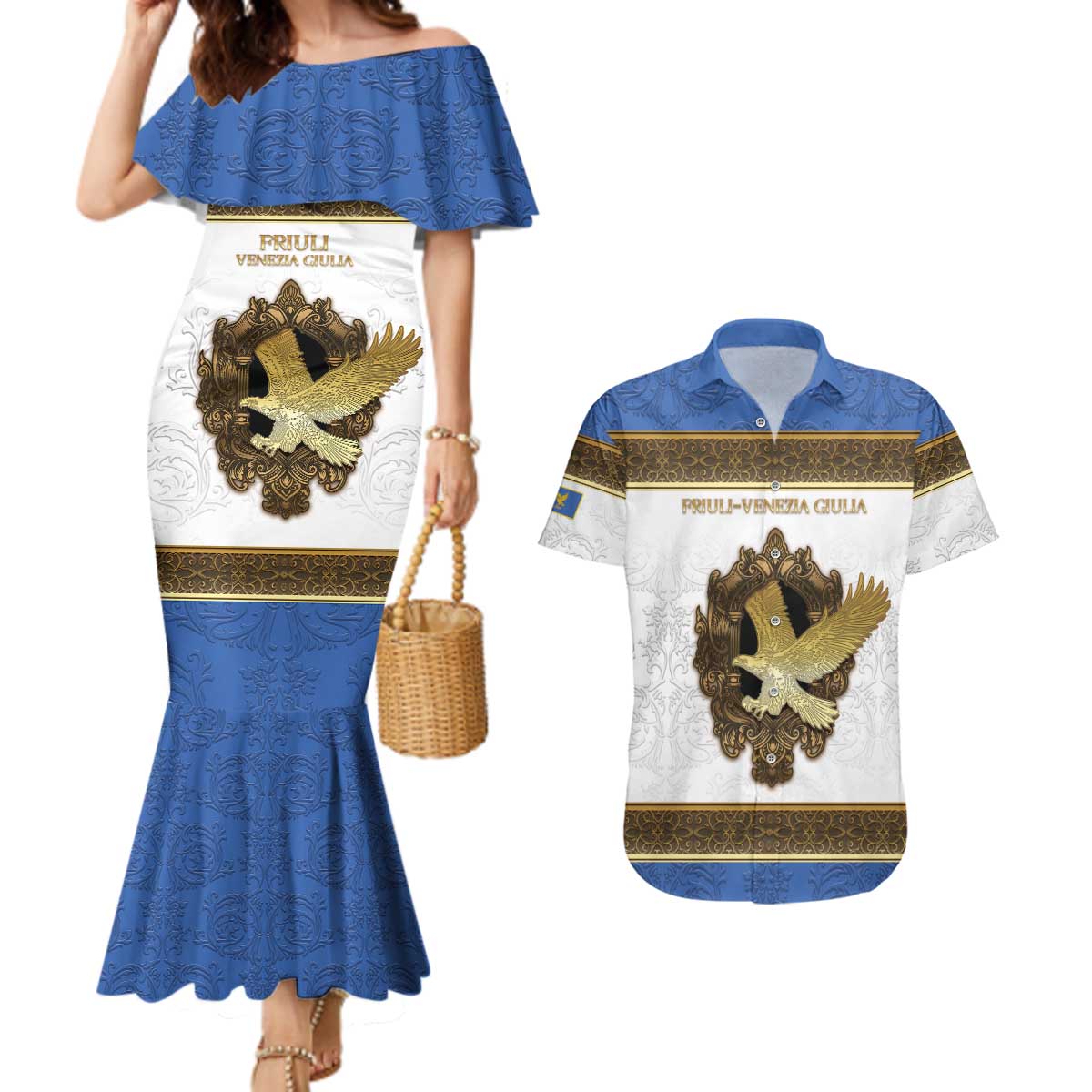 Personalized Italy Friuli-Venezia Giulia Couples Matching Mermaid Dress and Hawaiian Shirt Golden Eagle With Baroque Patterns