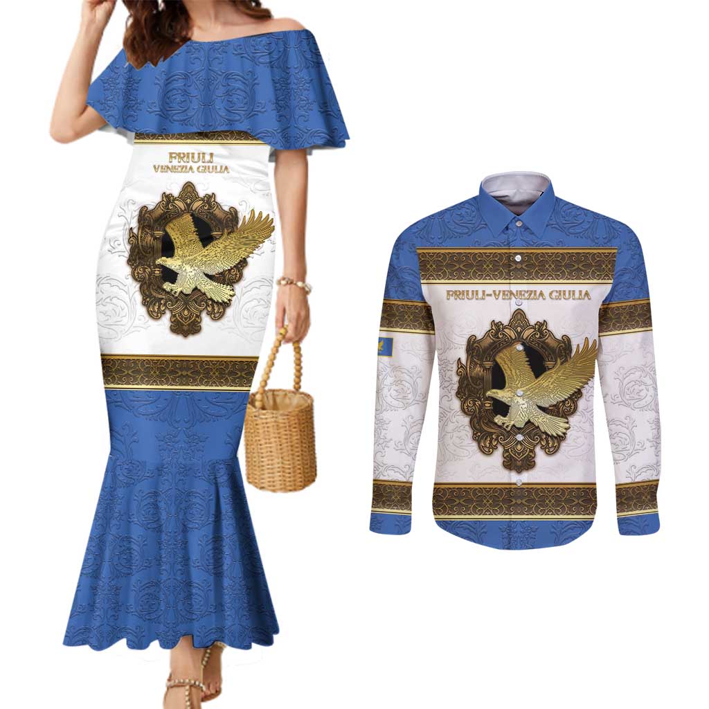 Personalized Italy Friuli-Venezia Giulia Couples Matching Mermaid Dress and Long Sleeve Button Shirt Golden Eagle With Baroque Patterns