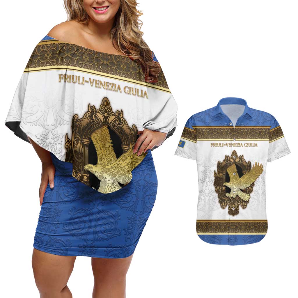 Personalized Italy Friuli-Venezia Giulia Couples Matching Off Shoulder Short Dress and Hawaiian Shirt Golden Eagle With Baroque Patterns