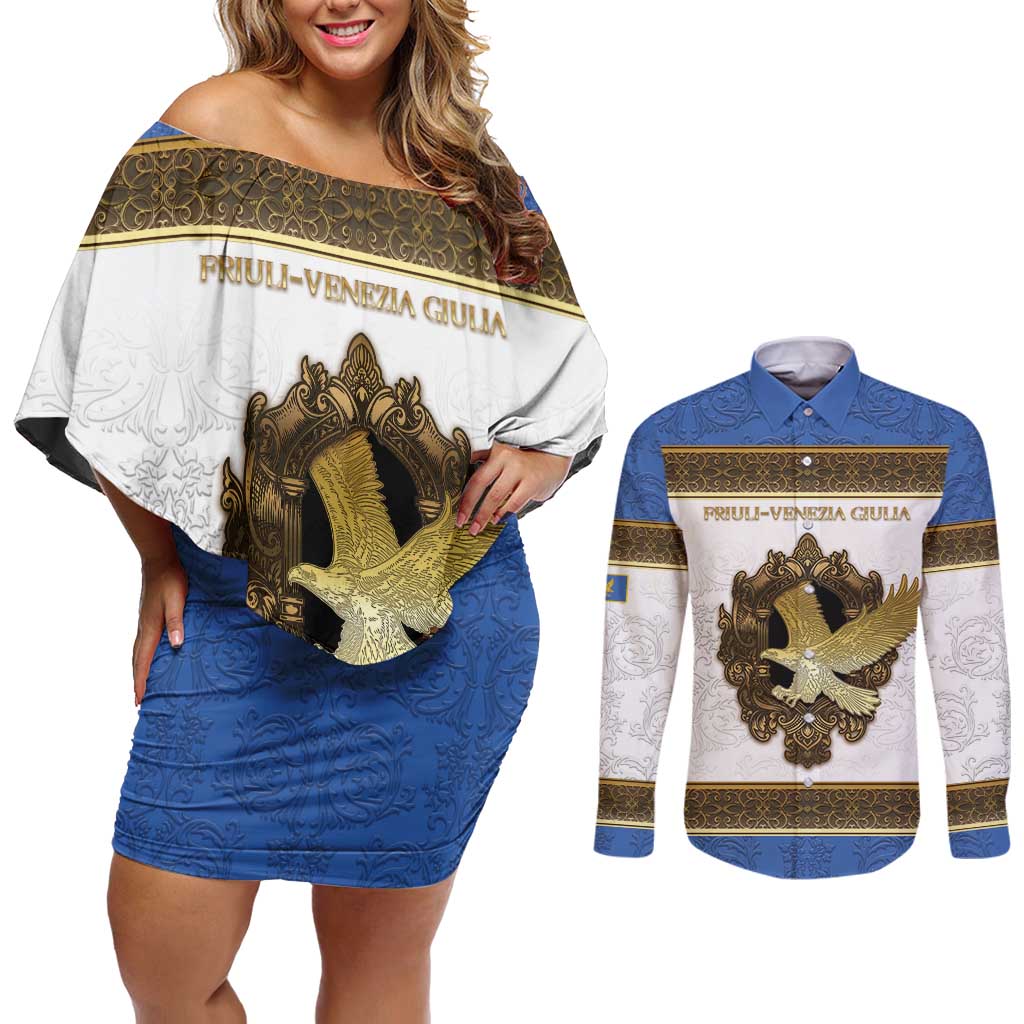 Personalized Italy Friuli-Venezia Giulia Couples Matching Off Shoulder Short Dress and Long Sleeve Button Shirt Golden Eagle With Baroque Patterns