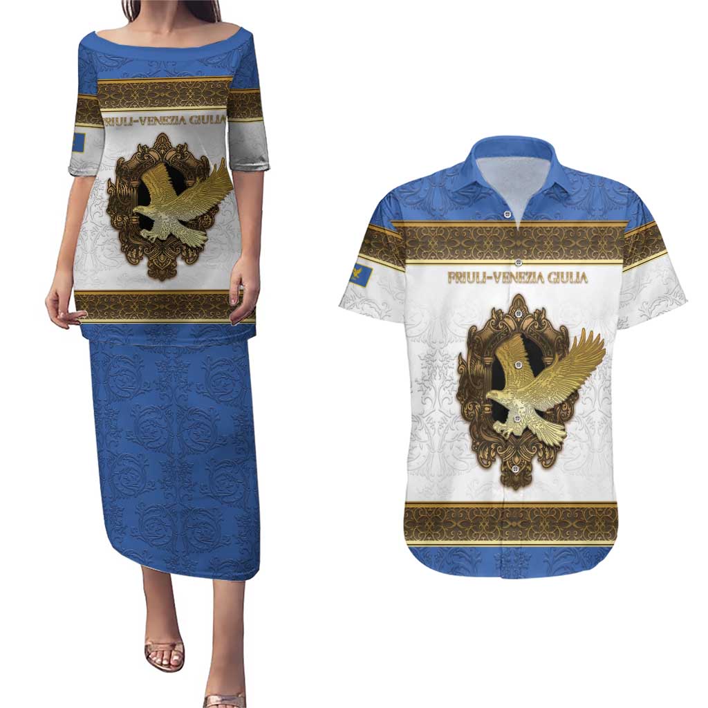 Personalized Italy Friuli-Venezia Giulia Couples Matching Puletasi and Hawaiian Shirt Golden Eagle With Baroque Patterns