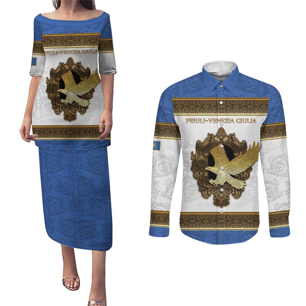 Personalized Italy Friuli-Venezia Giulia Couples Matching Puletasi and Long Sleeve Button Shirt Golden Eagle With Baroque Patterns