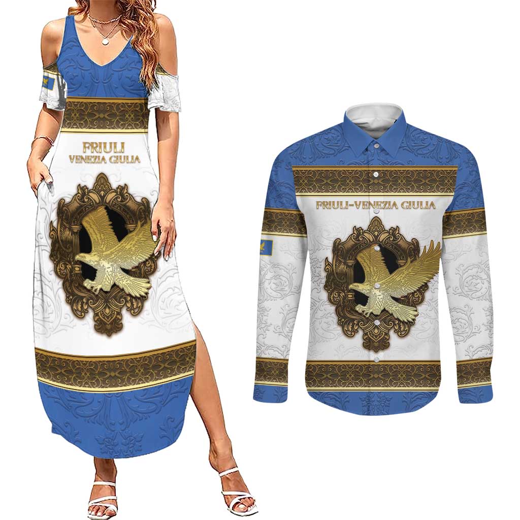 Personalized Italy Friuli-Venezia Giulia Couples Matching Summer Maxi Dress and Long Sleeve Button Shirt Golden Eagle With Baroque Patterns
