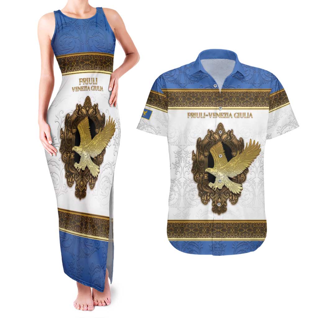 Personalized Italy Friuli-Venezia Giulia Couples Matching Tank Maxi Dress and Hawaiian Shirt Golden Eagle With Baroque Patterns