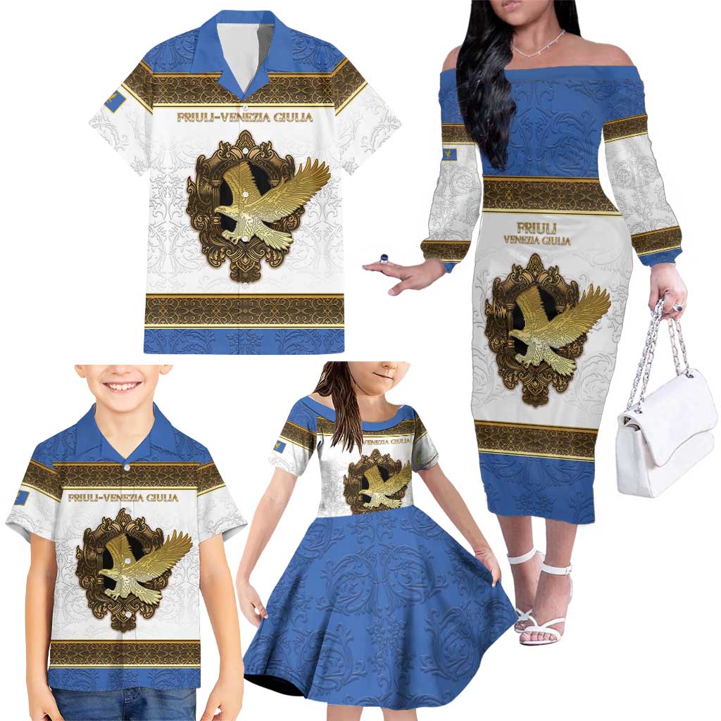 Personalized Italy Friuli-Venezia Giulia Family Matching Off The Shoulder Long Sleeve Dress and Hawaiian Shirt Golden Eagle With Baroque Patterns