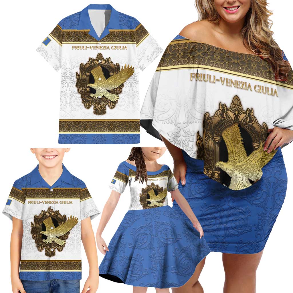 Personalized Italy Friuli-Venezia Giulia Family Matching Off Shoulder Short Dress and Hawaiian Shirt Golden Eagle With Baroque Patterns