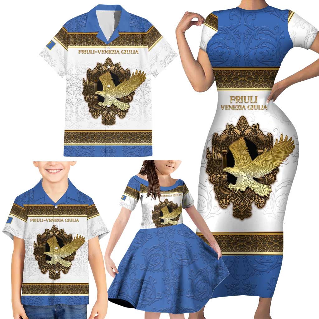 Personalized Italy Friuli-Venezia Giulia Family Matching Short Sleeve Bodycon Dress and Hawaiian Shirt Golden Eagle With Baroque Patterns