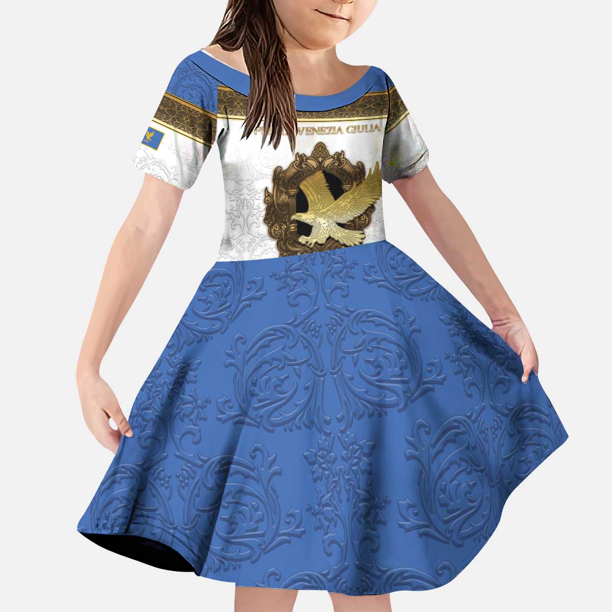 Personalized Italy Friuli-Venezia Giulia Kid Short Sleeve Dress Golden Eagle With Baroque Patterns