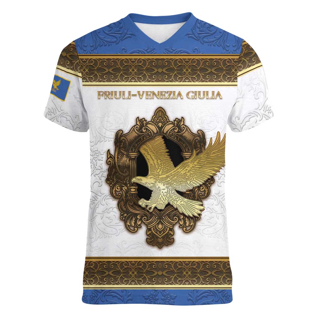 Personalized Italy Friuli-Venezia Giulia Women V-Neck T-Shirt Golden Eagle With Baroque Patterns