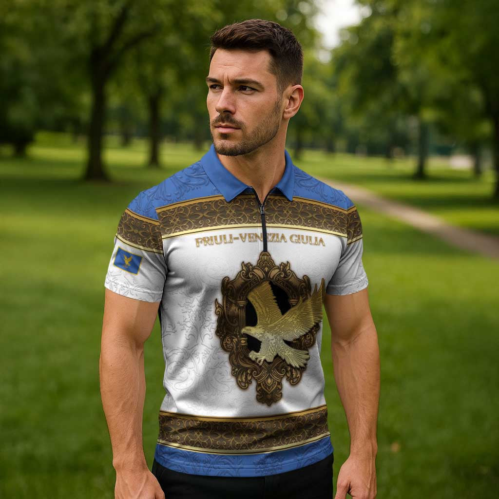 Personalized Italy Friuli-Venezia Giulia Zipper Polo Shirt Golden Eagle With Baroque Patterns