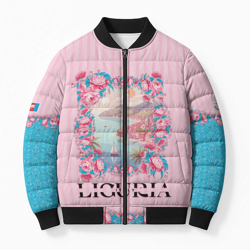 Personalized Italy Liguria Bomber Puffer Jacket Carnation Flowers Of The Riviera