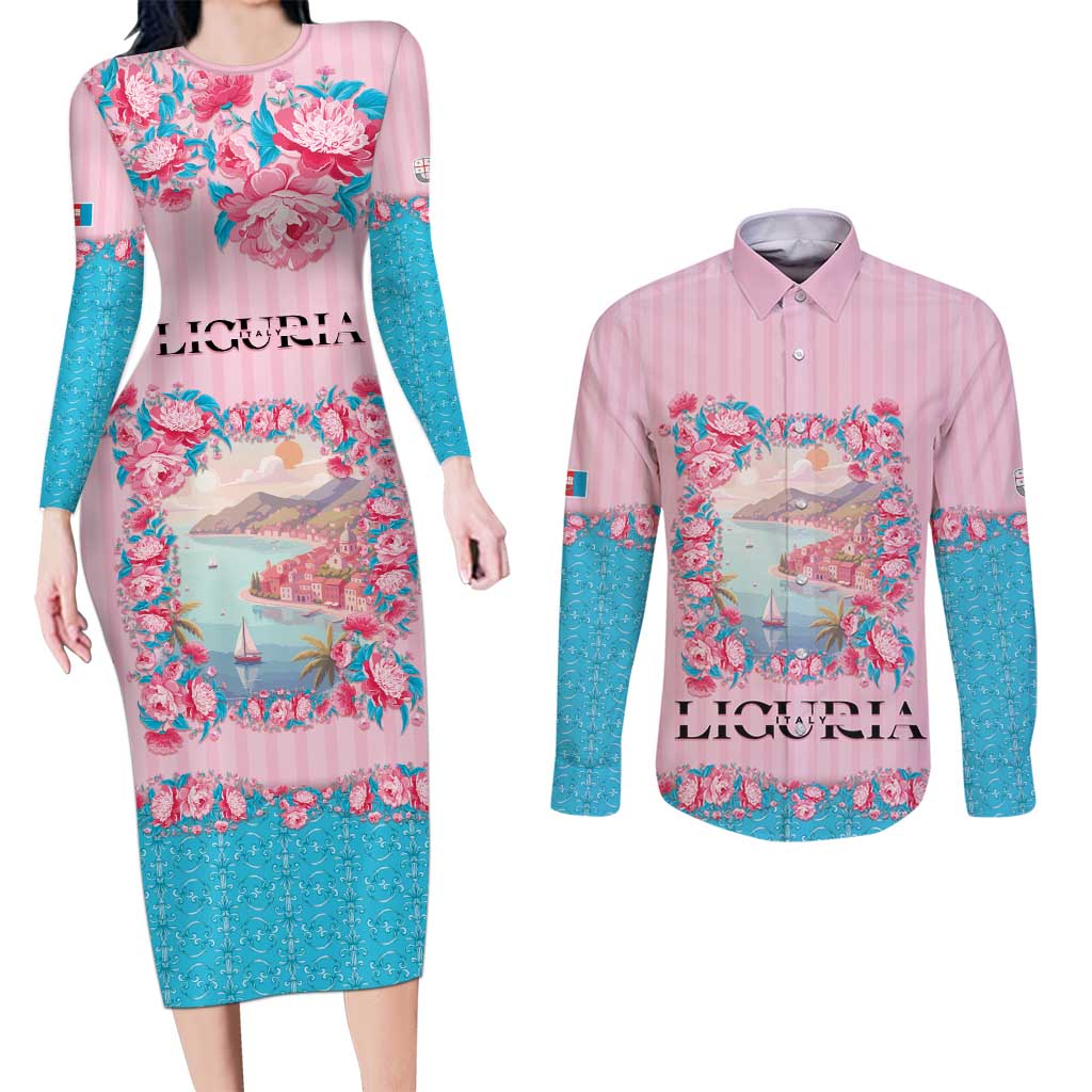 Personalized Italy Liguria Couples Matching Long Sleeve Bodycon Dress and Long Sleeve Button Shirt Carnation Flowers Of The Riviera