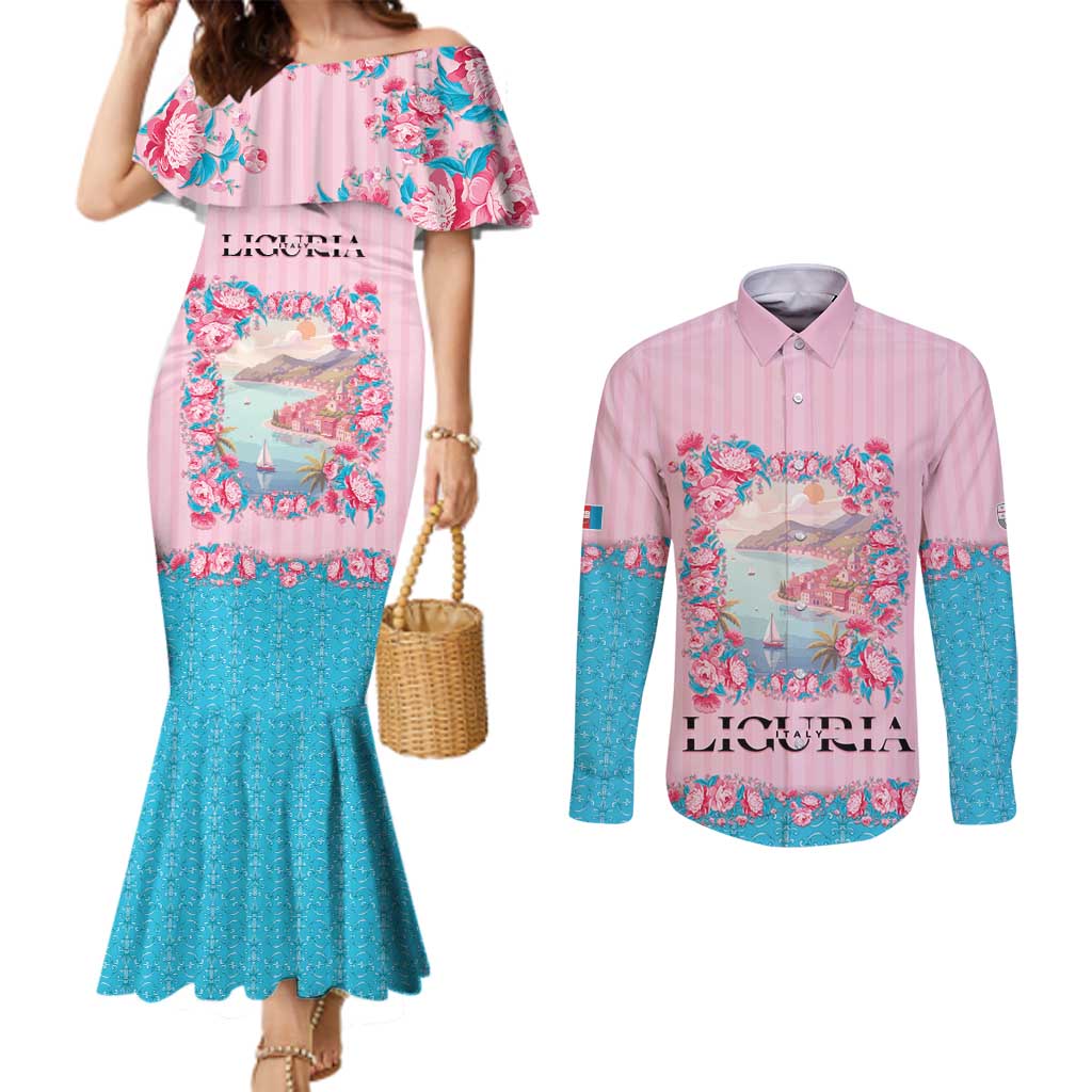 Personalized Italy Liguria Couples Matching Mermaid Dress and Long Sleeve Button Shirt Carnation Flowers Of The Riviera