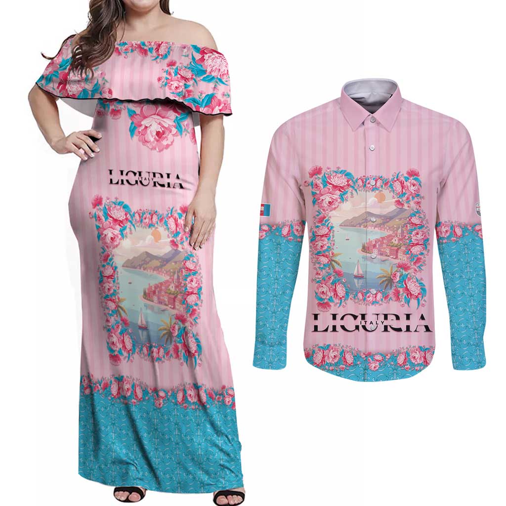 Personalized Italy Liguria Couples Matching Off Shoulder Maxi Dress and Long Sleeve Button Shirt Carnation Flowers Of The Riviera