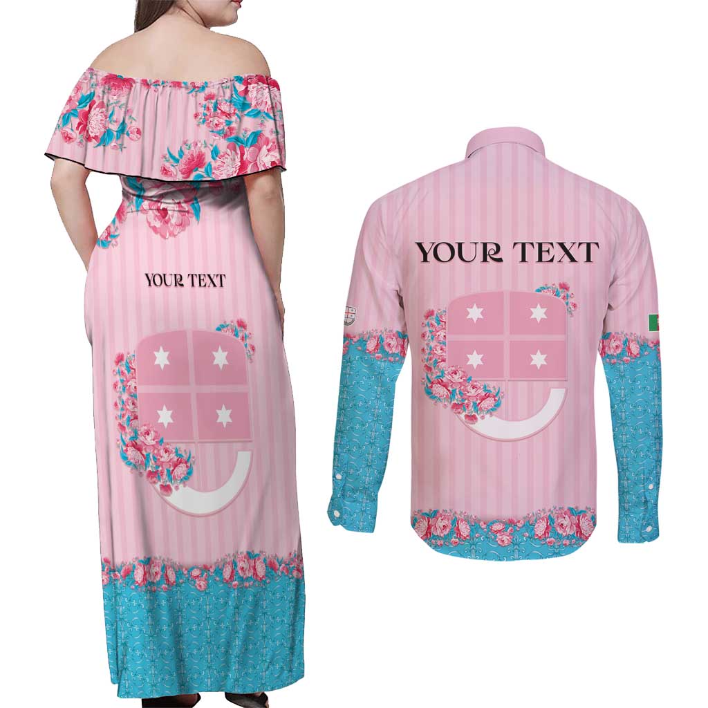 Personalized Italy Liguria Couples Matching Off Shoulder Maxi Dress and Long Sleeve Button Shirt Carnation Flowers Of The Riviera