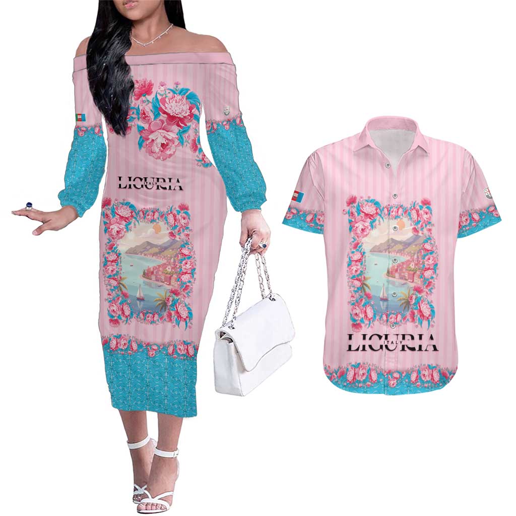 Personalized Italy Liguria Couples Matching Off The Shoulder Long Sleeve Dress and Hawaiian Shirt Carnation Flowers Of The Riviera
