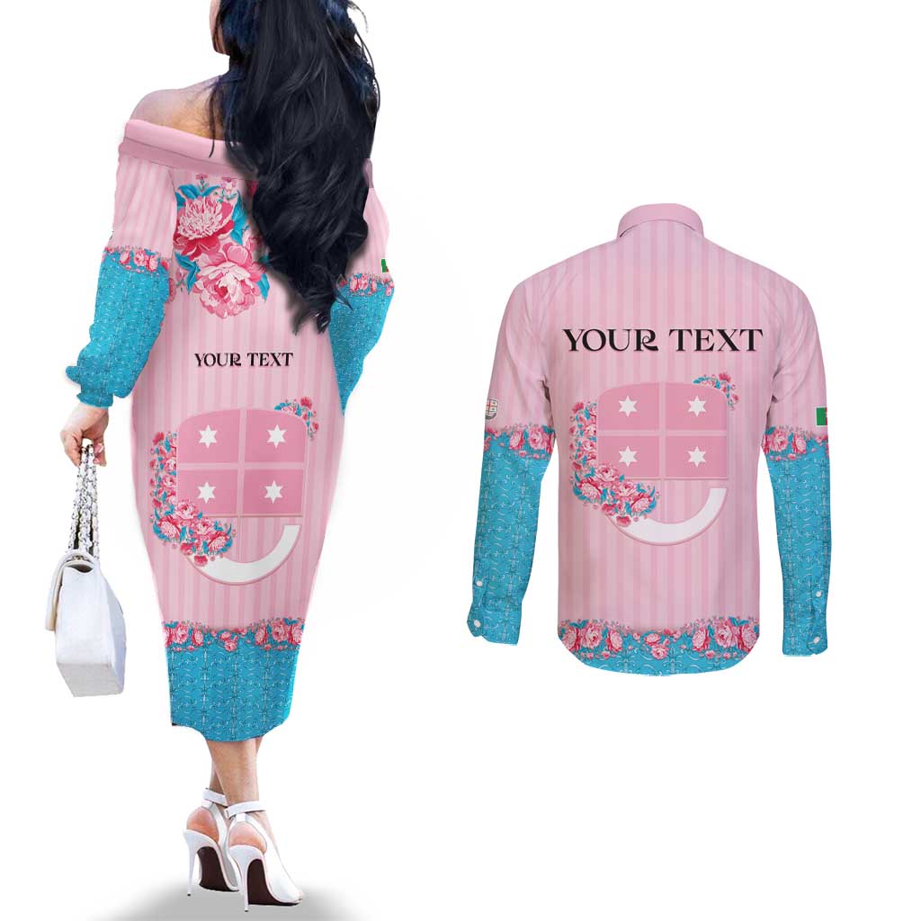 Personalized Italy Liguria Couples Matching Off The Shoulder Long Sleeve Dress and Long Sleeve Button Shirt Carnation Flowers Of The Riviera