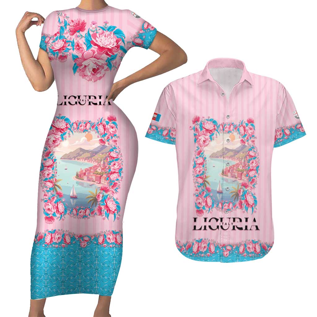 Personalized Italy Liguria Couples Matching Short Sleeve Bodycon Dress and Hawaiian Shirt Carnation Flowers Of The Riviera