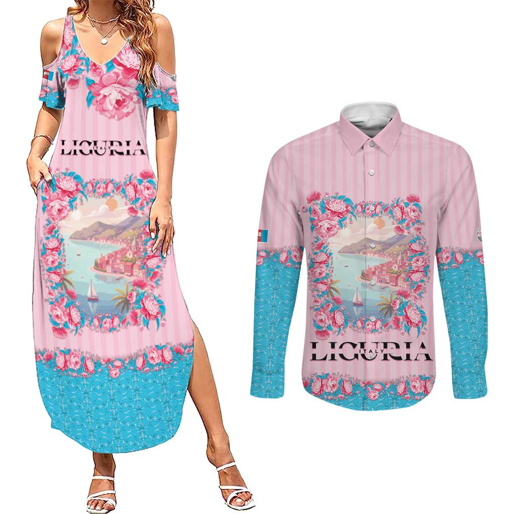 Personalized Italy Liguria Couples Matching Summer Maxi Dress and Long Sleeve Button Shirt Carnation Flowers Of The Riviera