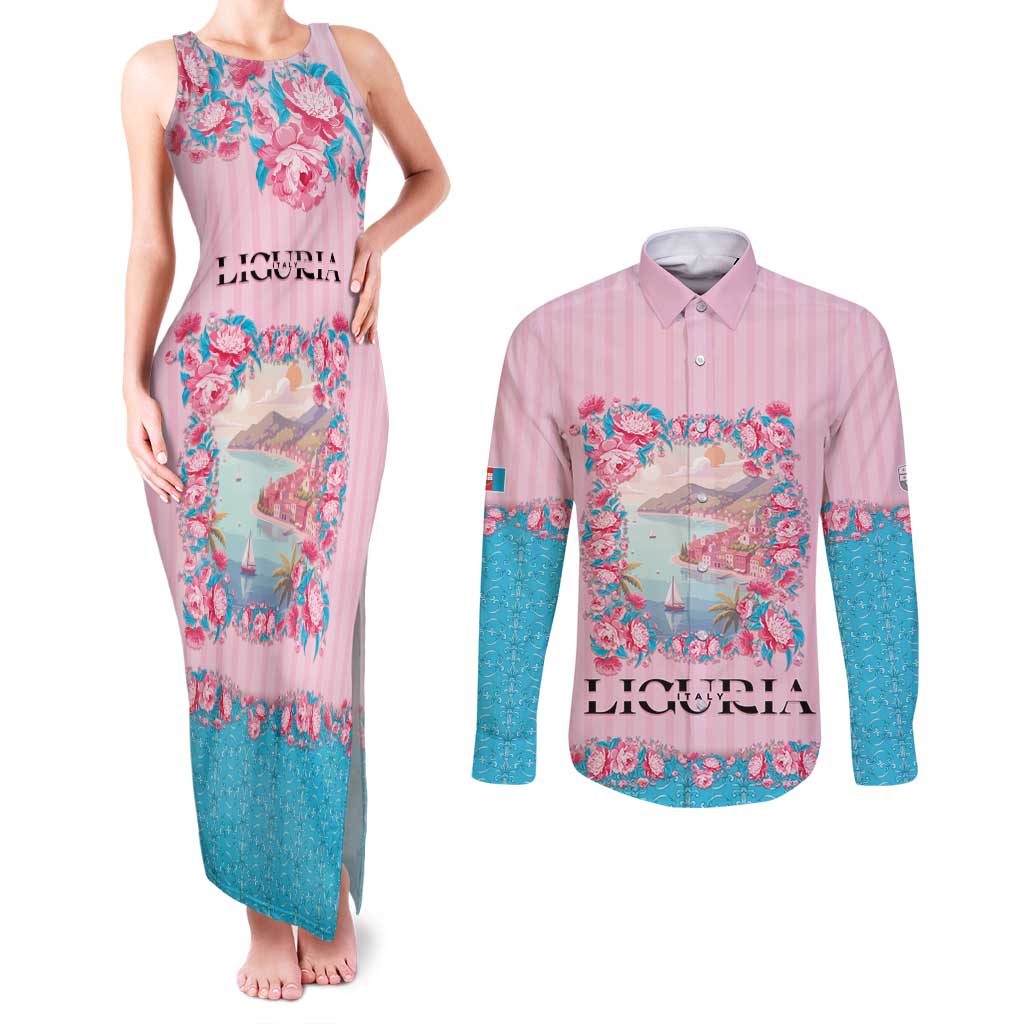 Personalized Italy Liguria Couples Matching Tank Maxi Dress and Long Sleeve Button Shirt Carnation Flowers Of The Riviera