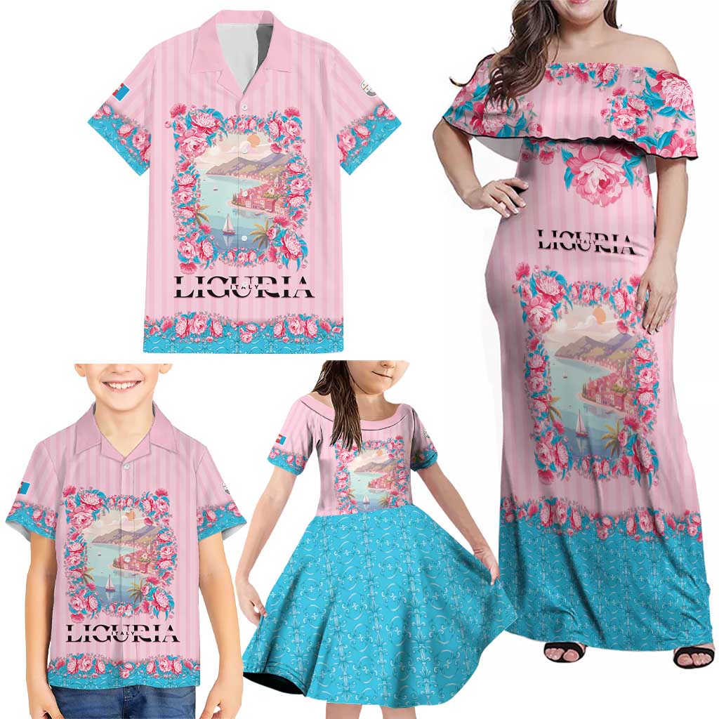 Personalized Italy Liguria Family Matching Off Shoulder Maxi Dress and Hawaiian Shirt Carnation Flowers Of The Riviera