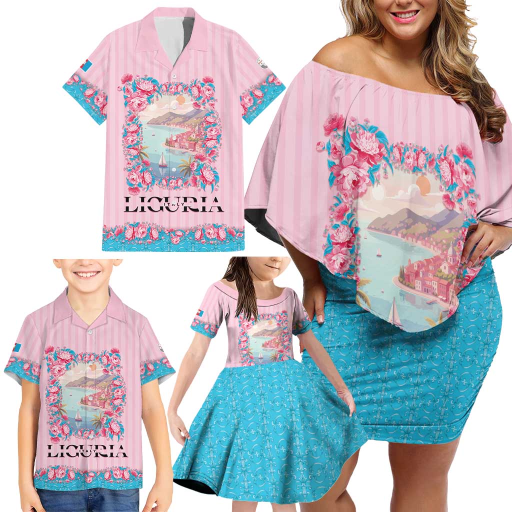 Personalized Italy Liguria Family Matching Off Shoulder Short Dress and Hawaiian Shirt Carnation Flowers Of The Riviera