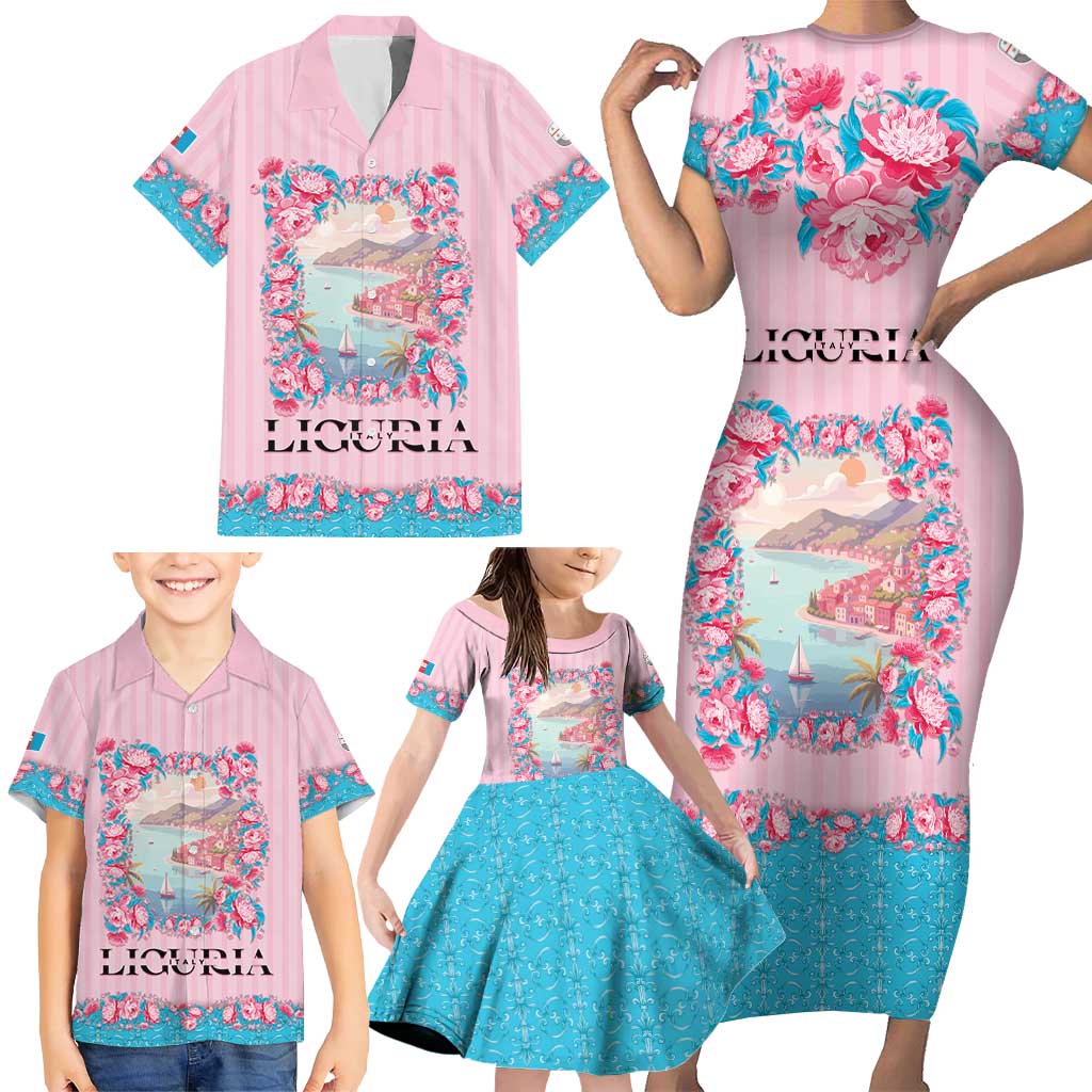 Personalized Italy Liguria Family Matching Short Sleeve Bodycon Dress and Hawaiian Shirt Carnation Flowers Of The Riviera