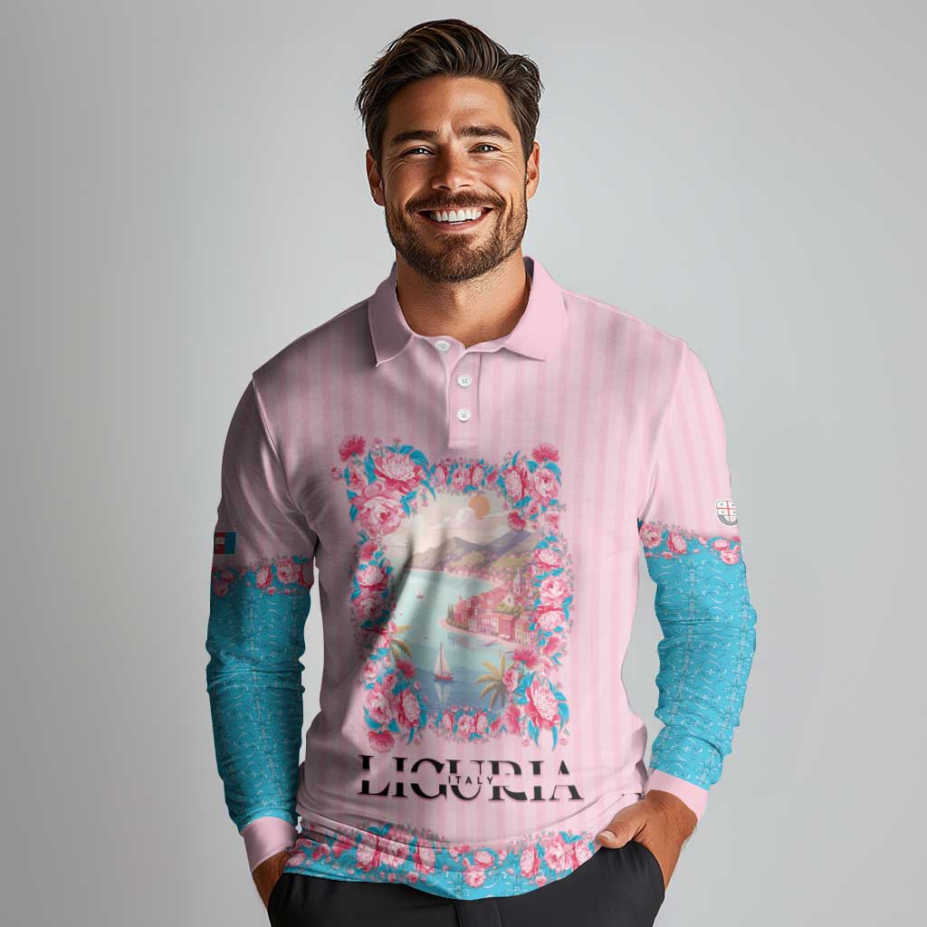 Personalized Italy Liguria Long Sleeve Polo Shirt Carnation Flowers Of The Riviera