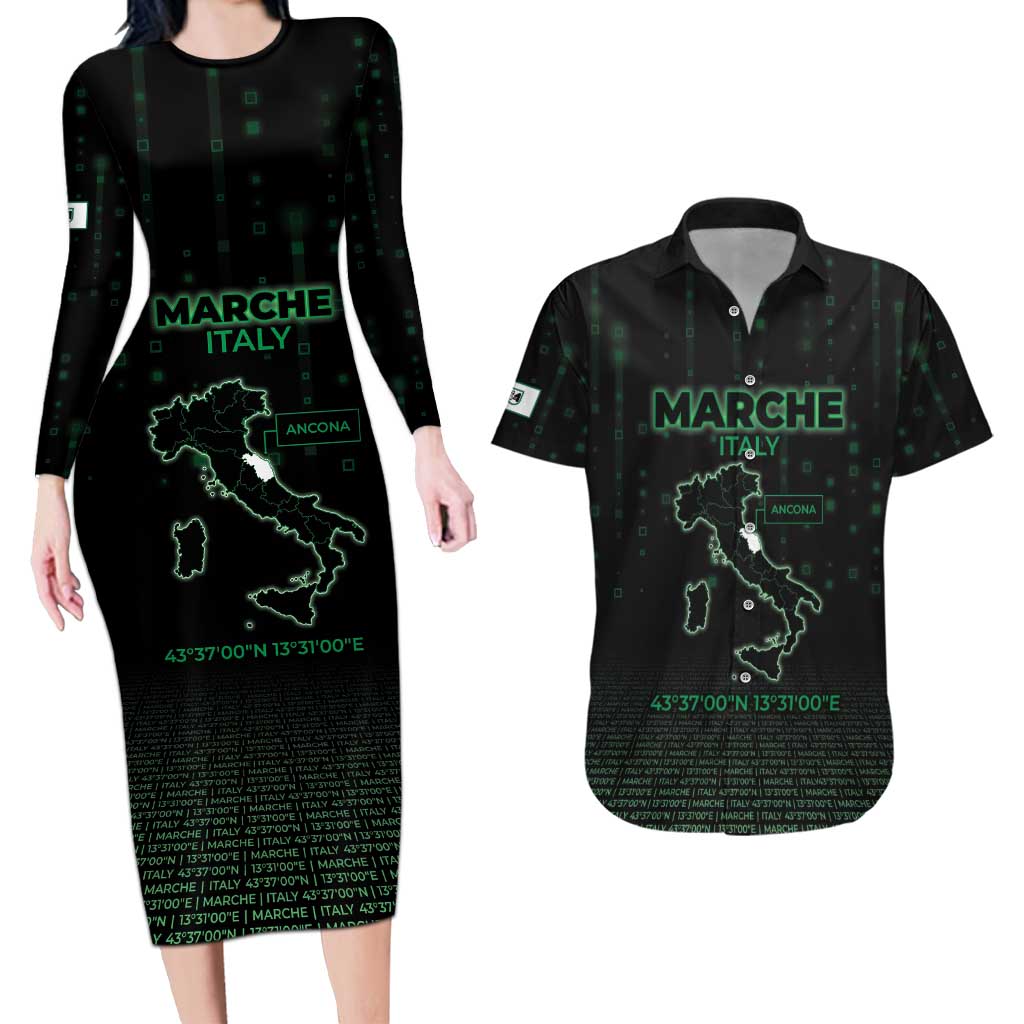 Personalized Italy Marche Couples Matching Long Sleeve Bodycon Dress and Hawaiian Shirt Map And Coordinates Code