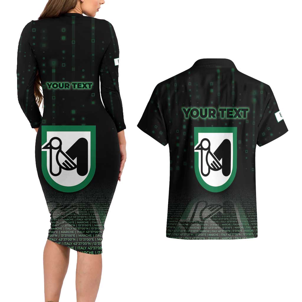 Personalized Italy Marche Couples Matching Long Sleeve Bodycon Dress and Hawaiian Shirt Map And Coordinates Code