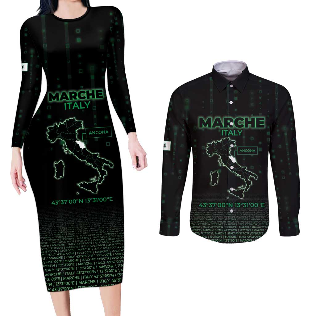 Personalized Italy Marche Couples Matching Long Sleeve Bodycon Dress and Long Sleeve Button Shirt Map And Coordinates Code