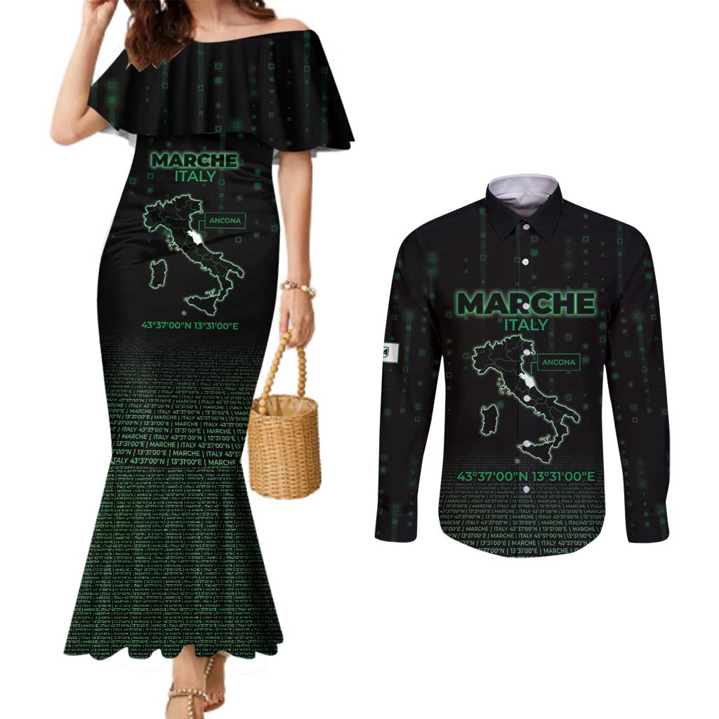 Personalized Italy Marche Couples Matching Mermaid Dress and Long Sleeve Button Shirt Map And Coordinates Code