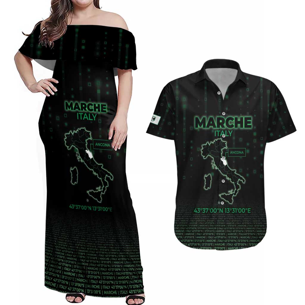 Personalized Italy Marche Couples Matching Off Shoulder Maxi Dress and Hawaiian Shirt Map And Coordinates Code