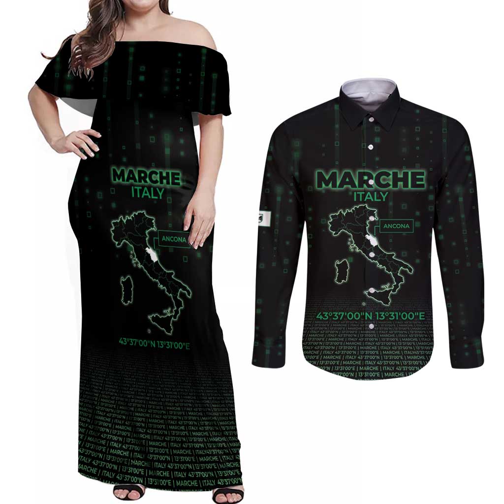 Personalized Italy Marche Couples Matching Off Shoulder Maxi Dress and Long Sleeve Button Shirt Map And Coordinates Code