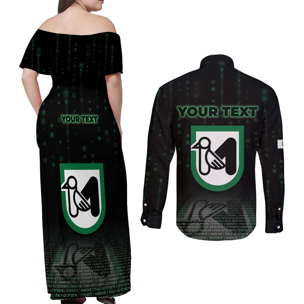 Personalized Italy Marche Couples Matching Off Shoulder Maxi Dress and Long Sleeve Button Shirt Map And Coordinates Code